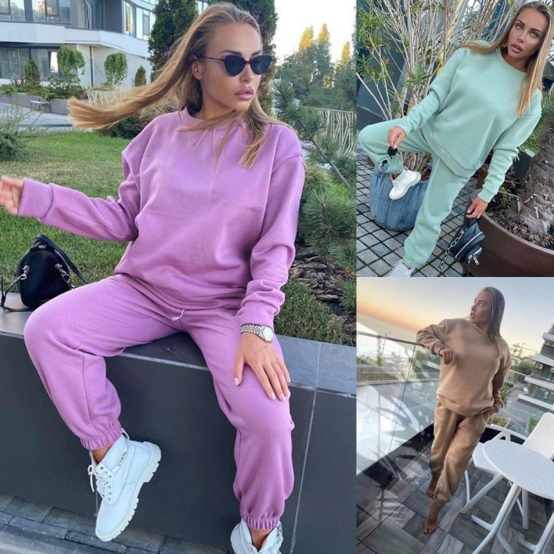 Solid Color Hooded Two-Piece Ladies Athleisure Set